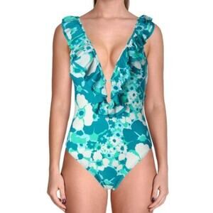 Michael Kors Floral 1 Piece Swimsuit White Blue Size 4